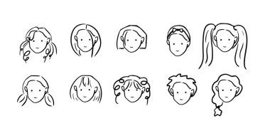 Kız Saç Tarzı Set İllüstrasyonu: 124; Moda ve Güzellik Tasarımları Minimalist Doodle Vektörü