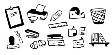 Ofis Nesneleri Tema İllüstrasyon Paketi (124; Minimalist Doodle Biçim Vektörü