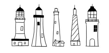 Deniz feneri el çizimi set (124; Denizcilik ve Kıyı Tasarımları Minimalist Doodle Vektörü