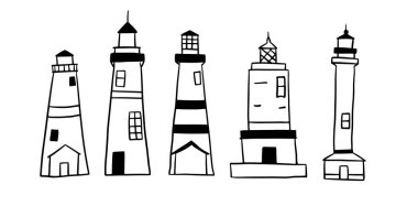 Deniz feneri el çizimi set (124; Denizcilik ve Kıyı Tasarımları Minimalist Doodle Vektörü