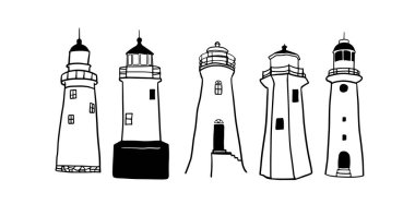 Deniz feneri el çizimi set (124; Denizcilik ve Kıyı Tasarımları Minimalist Doodle Vektörü