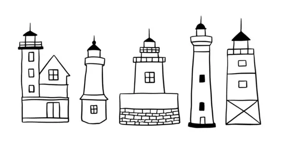 Deniz feneri el çizimi set (124; Denizcilik ve Kıyı Tasarımları Minimalist Doodle Vektörü