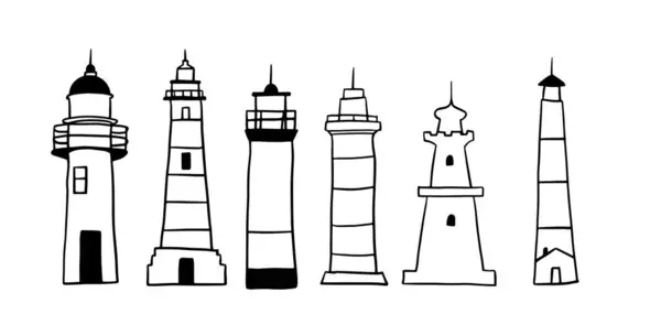 Deniz feneri el çizimi set (124; Denizcilik ve Kıyı Tasarımları Minimalist Doodle Vektörü