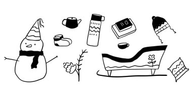 El Çizimi Kış İllüstrasyonu Set: 124; Sezonluk ve Tatil Tasarımları Minimalist Doodle Vektörü