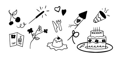 El Çizimi Doğumgünü İllüstrasyon Kümesi: 124; Minimalist Doodle Biçim Vektörü