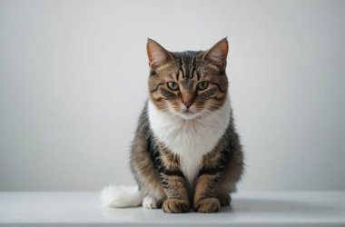 Attentive Tabby Cat Seated Calmly Against a Plain White Background clipart