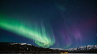 Gökyüzünde parlayan Yeşil ve Mor Aurora