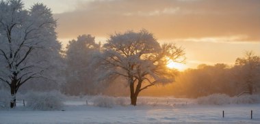 Snowy Field With Tree in Foreground clipart