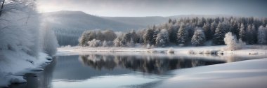 Snow covered Trees Surrounding Lake clipart