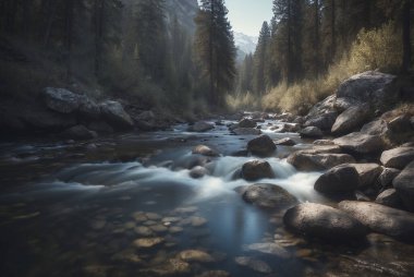 Rocky Stream Flowing Through Forest clipart