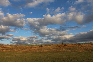 Bir tarlası ve bulutlu gökyüzü olan güzel bir manzara.
