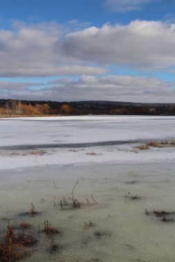 Ortasında birkaç küçük bitki olan donmuş bir göl.