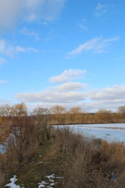 Birkaç ağaç ve biraz kar olan bir nehir.