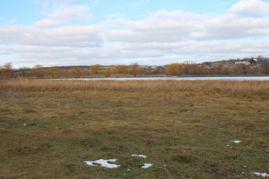 Bir gölü ve birkaç ağacı olan bir tarla.