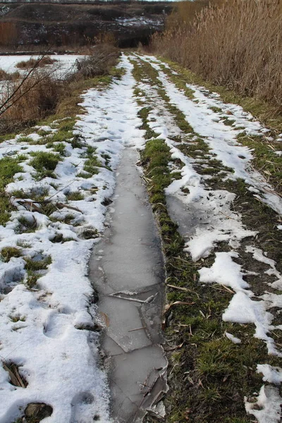 a snow covered path with a puddle of water