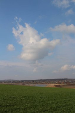 Yeşil tarlalı ve mavi bulutlu manzara