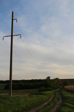 Bulutlu bir gökyüzünün arka planında elektrik kabloları olan güzel bir günbatımının dikey çekimi.