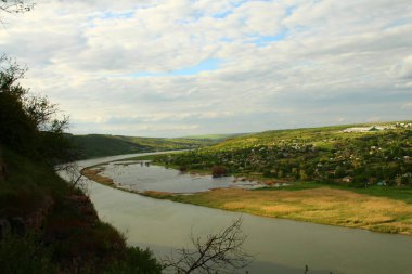 Yeşil ağaçları ve dağ manzarası olan bir nehir