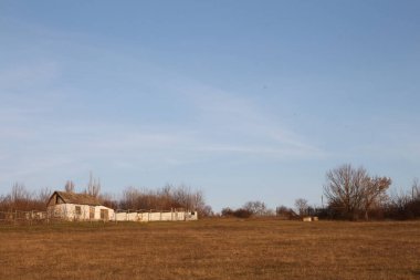 Kırsal kesimde güneş ışığı altında küçük bir köyün güzel manzarası.