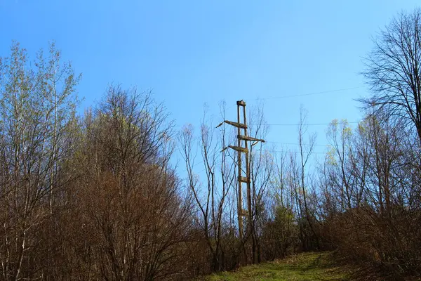 Mavi gökyüzünün arka planında yüksek voltajlı elektrik hatları.