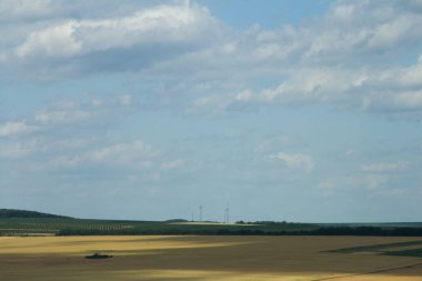 Buğday tarlası ve mavi gökyüzü olan güzel bir manzara.