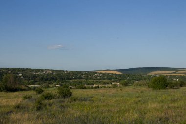 Mavi bulutlu gökyüzünün altında yeşil tarlalardan oluşan bir manzara.