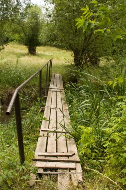 Nehir boyunca eski ahşap köprü.