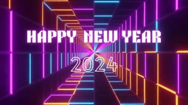 Mutlu yıllar 2024 neon ışıklar renkli parlıyor. 2024 mutlu yıllar 2024 siyah arkaplan ve neon numara 2024