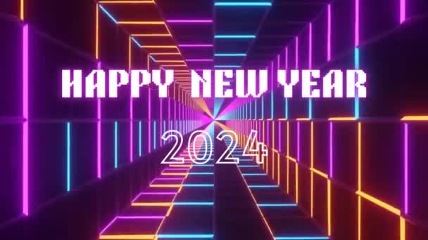 Šťastný Nový Rok 2024 Neonová Světla Barevné Záře 2024 Šťastný — Stock video
