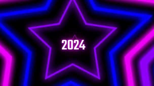 Neues Jahr 2024 Neonfarbene Sterne Leuchten Auf Schwarzem Hintergrund Frohes — Stockvideo
