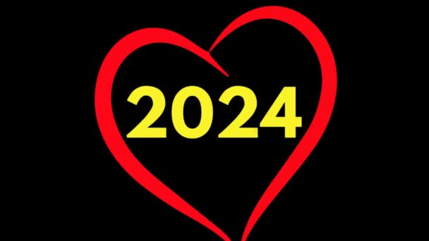 Szczęśliwego Nowego Roku 2024 Pozdrowienia Czerwonym Sercem Czarnym Tle Rok — Wideo stockowe