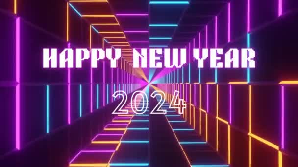 Frohes Neues Jahr 2024 Neonlichter Bunt Hell Leuchtend 2024 Frohes — Stockvideo