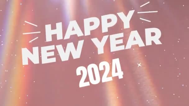 新年快乐2024彩色霓虹灯灯火通明 新年快乐 粉色背景 点着彩灯 点着白色的号码牌 — 图库视频影像