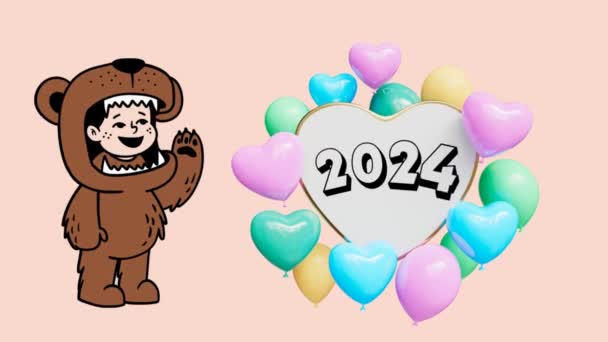 Szczęśliwego Nowego Roku 2024 Kolorowymi Sercami Chłopcem Noszącym Kostium Nowy — Wideo stockowe