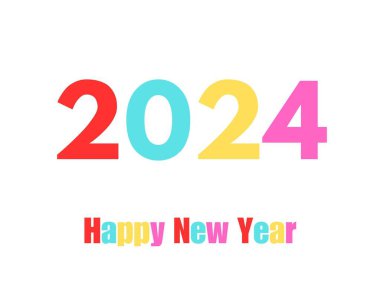 Mutlu yıllar 2024, beyaz arka plan üzerine renkli yazılar. Yeni yıl 2024 tebrik kartı. 2024 Kutlama.