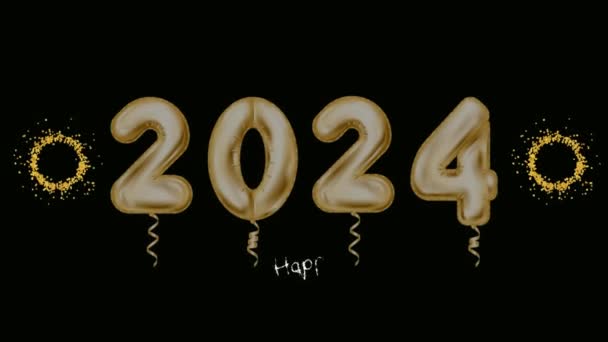 Golden 2024 Ballons Happy New Year 2024 Typography Inglés Celebración — Vídeos de Stock