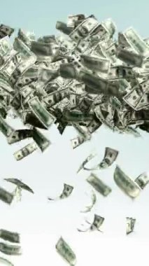 Düşen Para Doları, Para Yığını, 100 dolarlık banknotlar, Gökten düşen 100 dolarlık para paketleri. dikey video