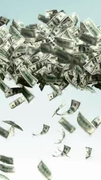 跌落的美元 堆积如山的钱 100美元的钞票 100美元的钱袋从天而降 垂直视频 — 图库视频影像