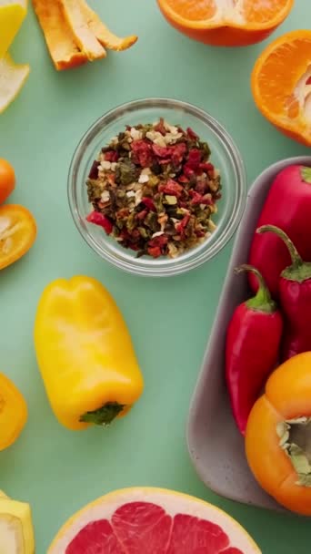 Υγιεινά Διατροφικά Συστατικά Φρέσκα Λαχανικά Φρούτα Διατροφή Διαίτης Κοντινό Πλάνο — Αρχείο Βίντεο