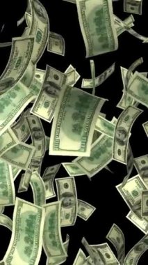 Düşen Dolar banknotlarının dikey videosu. Para geçmişi. Dolar banknotları yağan yağmur siyah ekranı.