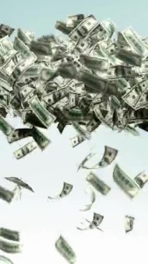 Düşen Para Doları, Para Yığını, 100 dolarlık banknotlar, Gökten düşen 100 dolarlık para paketleri. dikey video