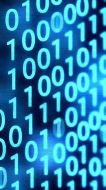 二进制代码黑色和蓝色背景 数字在屏幕上移动 数字时代的概念 算法二进制 数据代码 解密和编码 行矩阵背景 垂直录像 — 图库视频影像