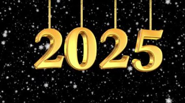 Happy new year 2025 3D text, golden numbers, snow falling. New year 2025 concept