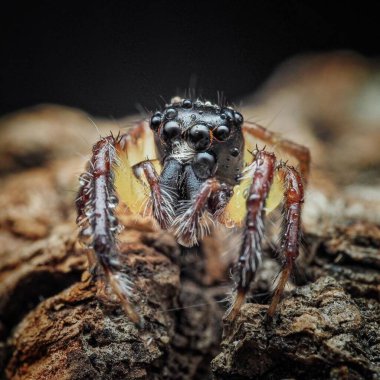 Pancorius sp. Ürkütücü yakın çekim. Doğadaki Örümceğe Seçici Odaklanma