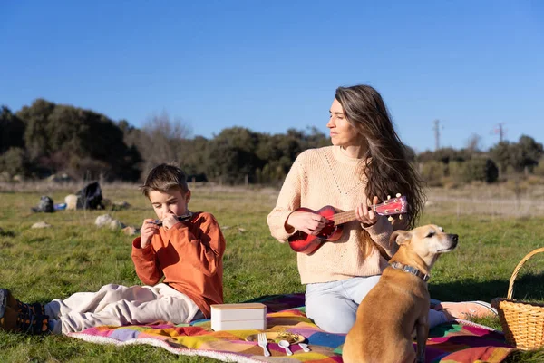 Anne ve oğlu dışarıda köpekleriyle piknikte müzik dinlemeyi seviyorlar.