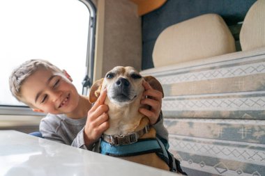 Boy and dog smiling while traveling in motorhome together clipart
