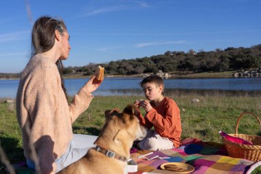 Anne ve oğul köpekleriyle birlikte doğada piknik yapıyorlar.