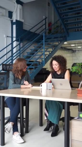 Zakelijke Bijeenkomst Van Twee Ondernemende Vrouwen Die Samenwerken Een Coworking — Stockvideo