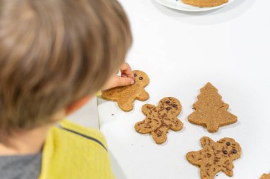 Tanınmayan çocuk ev yapımı Noel kurabiyelerini çikolata parçacıklarıyla süslüyor.