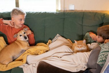 İki kardeş evlerinde güzel vakit geçiriyorlar. Sevdikleri kedi ve köpekleriyle rahat bir kanepede dinleniyorlar.